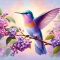A humingbird perches on a spring tree branch, in a painting art, with lilac, pink and blue colors, beautiful, animal with nature