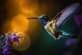 Humming bird hovering over colorful, pollen filled flowers. Generative AI Royalty Free Stock Photo