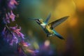 Humming bird hovering over colorful, pollen filled flowers. Generative AI Royalty Free Stock Photo