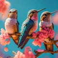 The Humming Birds flying and eating on Stems of Tree with sky in background Royalty Free Stock Photo