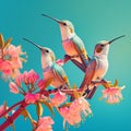 The Humming Birds flying and eating on Stems of Tree with sky in background Royalty Free Stock Photo