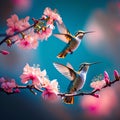 The Humming Birds flying and eating on Stems of Tree with sky in background Royalty Free Stock Photo