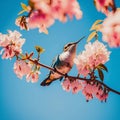 The Humming Birds flying and eating on Stems of Tree with sky in background Royalty Free Stock Photo