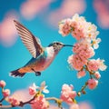 The Humming Birds flying and eating on Stems of Tree with sky in background Royalty Free Stock Photo