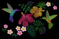 Hummingbird around flower plumeria hibiscus exotic tropical summer blossom. Embroidery fashion patch decoration textile Royalty Free Stock Photo