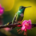 hummingbird bird on tree, flowers, colorful background, side view Royalty Free Stock Photo