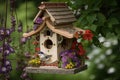 hummingbird birdhouse with delicate feeders and flowers