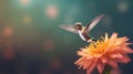 Hummingbird with bloom in forest. Colibri flying in the nature tropical flower. Ai Generative