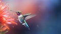 Hummingbird with bloom in forest. Colibri flying in the nature tropical flower. Ai Generative