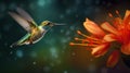 Hummingbird with bloom in forest. Colibri flying in the nature tropical flower. Ai Generative