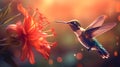 Hummingbird with bloom in forest. Colibri flying in the nature tropical flower. Ai Generative