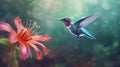 Hummingbird with bloom in forest. Colibri flying in the nature tropical flower. Ai Generative