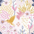 Hummingbird and Cherry Blossom White Background Seamless Pattern