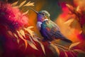 A hummingbird on a colorful flower background nature wildlife oil painting