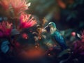 A hummingbird in exotic tropical garden on blurred background. Magic garden with exotic animal in tropical vegetation.