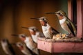 hummingbird feeding from a birdhouse feeder, with beautiful hummingbirds in flight