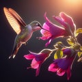 Hummingbird feeding on a hibiscus flower, Generative AI