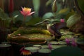 A hummingbird feeding on a lotus flower in the middle of a tranquil pond surrounded by lush vegetation