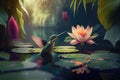 A hummingbird feeding on a lotus flower in the middle of a tranquil pond surrounded by lush vegetation