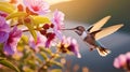 Hummingbird Feeding on Pink Flowers at Sunset