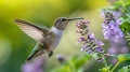 Hummingbird feeding on purple flowers