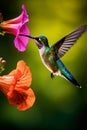 Hummingbird feeding on vibrant flowers