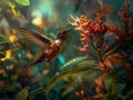 Hummingbird Feeding on Vibrant Flowers