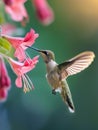 Hummingbird feeding on vibrant pink flower