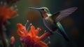 Hummingbird flies near red flowers. AI Generative