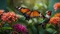 a hummingbird in flight while a butterfly flies over it Royalty Free Stock Photo