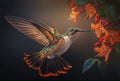 Hummingbird in Flight Feeds on Tropical Flowers. AI generated Illustration