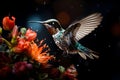 Hummingbird in flight with flowers on black background. Collage. ia generated Royalty Free Stock Photo