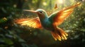 Hummingbird in Flight Golden Sunlight Tropical Forest Royalty Free Stock Photo