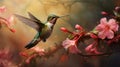 Hummingbird in flight near pink flowers on a branch Royalty Free Stock Photo