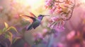 Hummingbird in flight near pink flowers Royalty Free Stock Photo