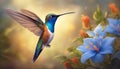 Hummingbird. Flight of a hummingbird over a flower. AI generated Royalty Free Stock Photo