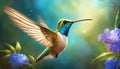 Hummingbird. Flight of a hummingbird over a flower. Fantastic colored tropics. AI generated Royalty Free Stock Photo