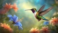 Hummingbird. Flight of a hummingbird over a flower. Fantastic tropics. Selective focus. AI generated Royalty Free Stock Photo