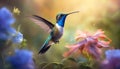 Hummingbird. Flight of a hummingbird over a flower. Selective focus. AI generated Royalty Free Stock Photo