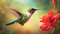 Hummingbird. Flight of a hummingbird over a red flower. Fantastic tropics. AI generated