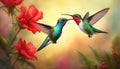 Hummingbird. Flight of a hummingbird over a red flower. Fantastic tropics. Selective focus. AI generated Royalty Free Stock Photo