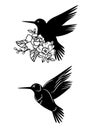 Hummingbird with flower decor silhouette. Isolated vector set with spring or summer birds for laser cut crafts.