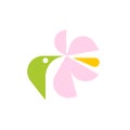 Hummingbird with flower. Vector logo mark template or icon of little green colibri bird and pink blooming plant