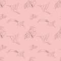 Hummingbird with flower seamless pattern, stylish combination isolated set, ink sketch illustration. Bird background Royalty Free Stock Photo