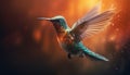 Hummingbird flying, feathered beauty in nature, vibrant color, small bird generated by AI