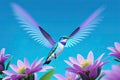 Hummingbird flying near the flower, blurry background, generative ai