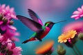 Hummingbird flying near the flower, blurry background, generative ai