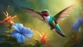 Hummingbird. Hummingbird flying over a blue flower. Fantastic colored tropics. Selective focus. AI generated Royalty Free Stock Photo