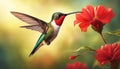 Hummingbird. Hummingbird flying over a red flower. Fantastic colored tropics. Selective focus. AI generated Royalty Free Stock Photo