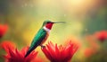 Hummingbird. Hummingbird flying over a red flower. Fantastic tropics. AI generated Royalty Free Stock Photo